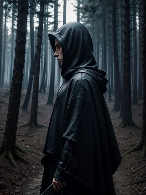 faceless hooded dark male knight in a big sinister forest. strong, fire. gloria. Changing.  sword . powerful. evening . skull