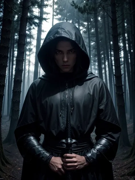 faceless hooded dark male knight in a big sinister forest. strong, fire. gloria. Changing.  sword . powerful. evening . skull