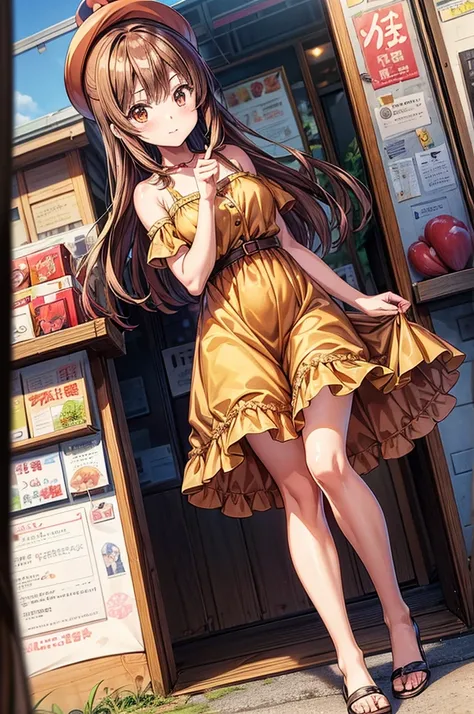 anime girl in a brown dress standing in front of a fruit stand, female protagonist 👀 :8, official art, crisp clear rpg portrait, official character art, 🍁 cute, anime visual of a cute girl, makoto shinka, marin kitagawa fanart, ❤🔥🍄🌪,  in dress, cushart kre...