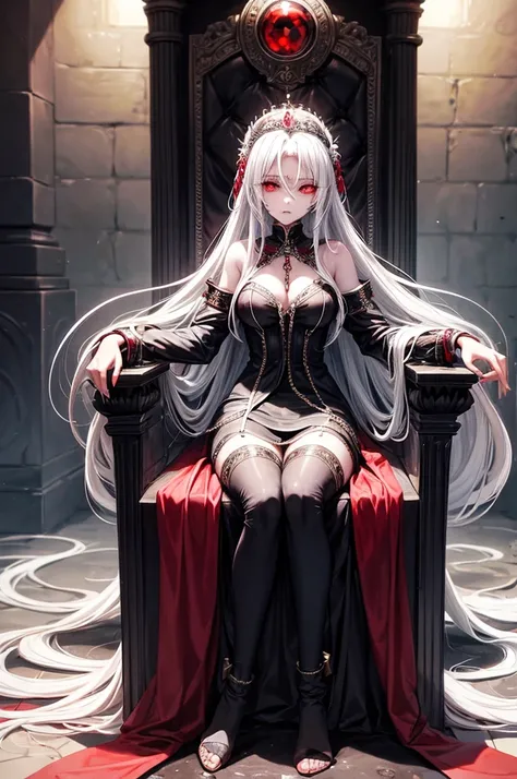 A hypnotized beautiful queen with long white hair and red eyes, enslaved and imprisoned, chained to her throne