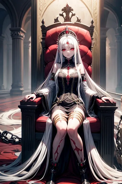 A hypnotized beautiful queen with long white hair and red eyes, enslaved and imprisoned, chained to her throne