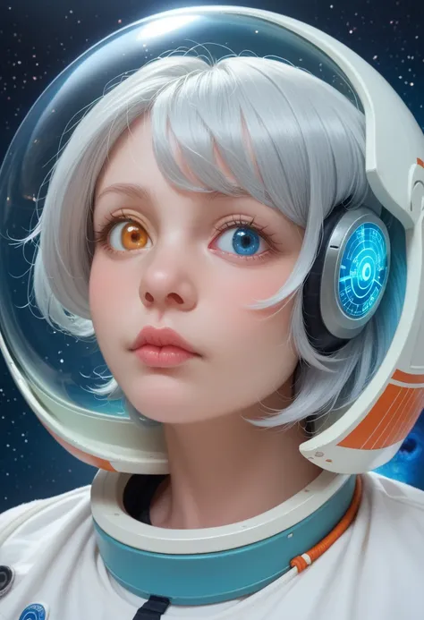 (Close-up of a better masterpiece:1.5)0.9], (Space and astronauts:1.2) (Messy silver hair:1.1) (Heterochromia xanthochromia and blue eyes:1.2) (Space Helmet:1.0) (Colored stars in the eyes:1.0) (A radiant glow:1.1) (thick lips:0.9)