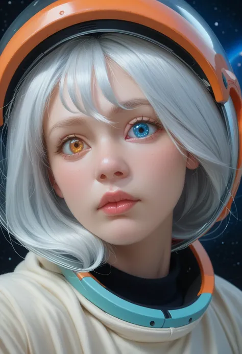 (Close-up of a better masterpiece:1.5)0.9], (Space and astronauts:1.2) (Messy silver hair:1.1) (Heterochromia xanthochromia and blue eyes:1.2) (Space Helmet:1.0) (Colored stars in the eyes:1.0) (A radiant glow:1.1) (thick lips:0.9)