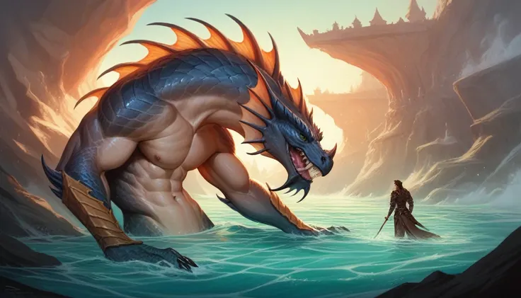 close-up of a colossal sea monster , medieval submerged seabed rpg, bottom of the water fish in the bottom, epic Art of RPG, dungeons and dragons artwork, Arte de RPG, dungeons and dragons art, arte de fantasy de masmorras e dragões, d & of fantasy art, du...