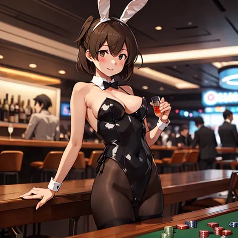 hiryuu_kantaicollection,ShibafuCSA,
1 girl, solo, ( black playboy bunny costume:1.3), black pantyhose, VIP lounge in casino,