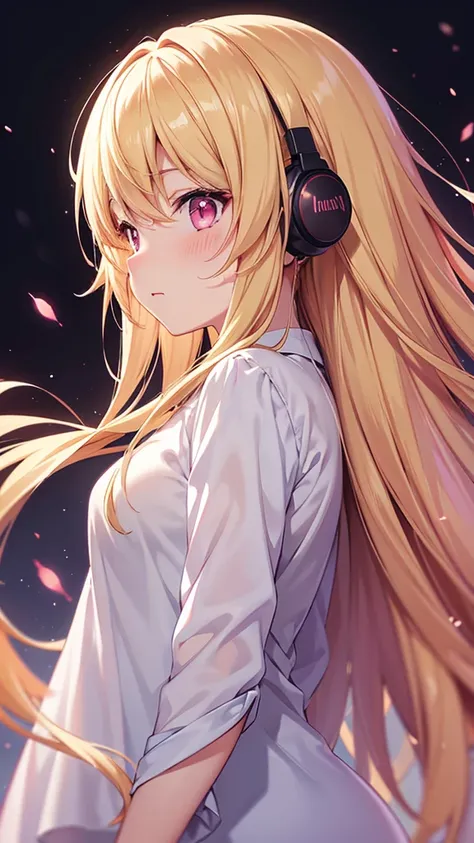 High resolution, Light blush, Simple Background, Background blur, Anime Style, earphone, Round eyes, Character design drawings, Long Hair, Gaze, Blonde, Pink eyes, Character profile, 