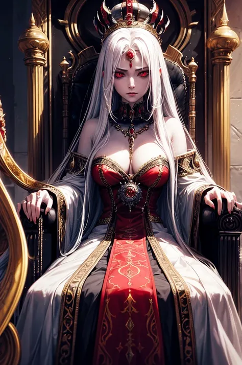 a beautiful hypnotized queen with long white hair, intense red eyes, chained to her throne, enslaved and imprisoned, detailed highly realistic facial features, intricate jewelry and crown, dramatic lighting, cinematic composition, dark fantasy, digital art