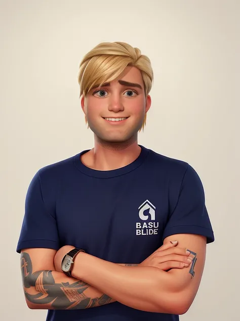 
blonde man, in company uniform (I need you to keep the logo)