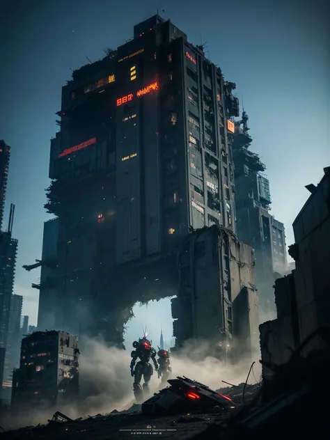 a close up of a large robot in a city with destroyed  buildings, giant mech, destroyed city , apoclapes, robot destroying city , deep cyberpunk mechanoid, advanced digital cyberpunk art, giant robot mech, robot city ruins, anime mecha aesthetic, cyberpunk ...