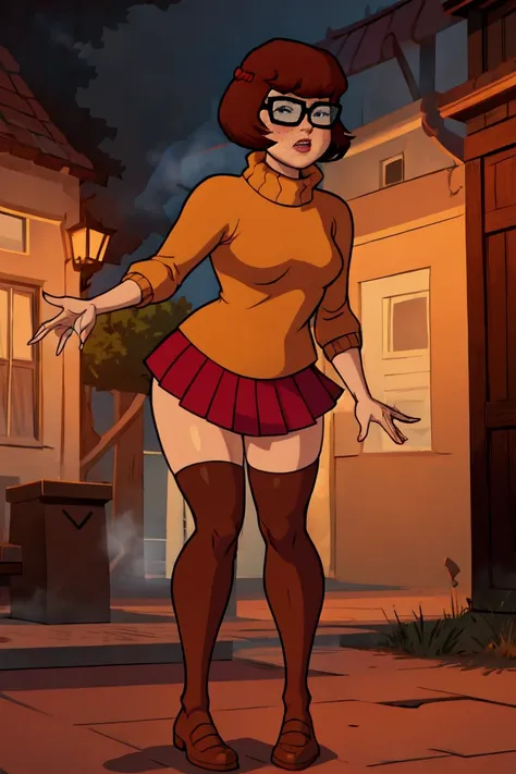 1girl, velma from scooby-doo, solo, skinny, brown hair, black eyes, square glasses, orange turtleneck blouse and red skirt,  eye...