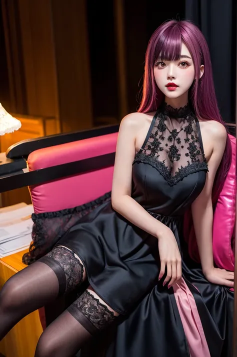 Highest quality,girl,cute,beautiful,Sitting,Brown eyes,Black cabaret dress,pink hair,(black inner hair: 1.3),Black lace dress,