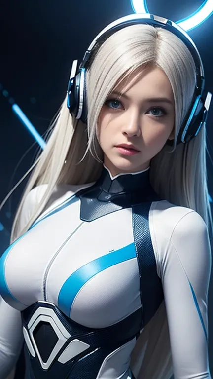 Create a high-resolution, futuristic character portrait featuring a young woman with an exceptionally beautiful and delicate face. She has long, sleek, platinum blonde hair, tied back neatly, enhancing her sophisticated look. Her eyes are a captivating sha...