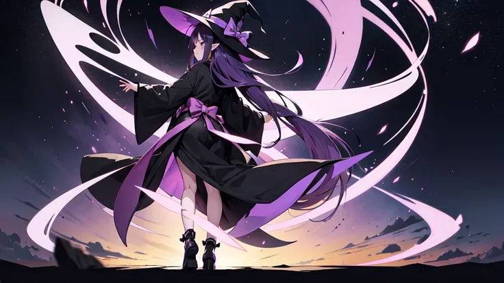 Anime girl with long purple hair and black robe. Witch hat. Pointy ears. Cute as a cartoon. Back view. Full body facing backwards. Her whole body is visible from her head to her feet. Skirt is short.