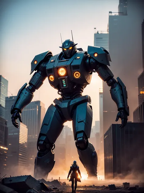 a close up of a large robot in a city with destroyed  buildings, giant mech, destroyed city , apoclapes, robot destroying city , deep cyberpunk mechanoid, advanced digital cyberpunk art, giant robot mech, robot city ruins, anime mecha aesthetic, cyberpunk ...