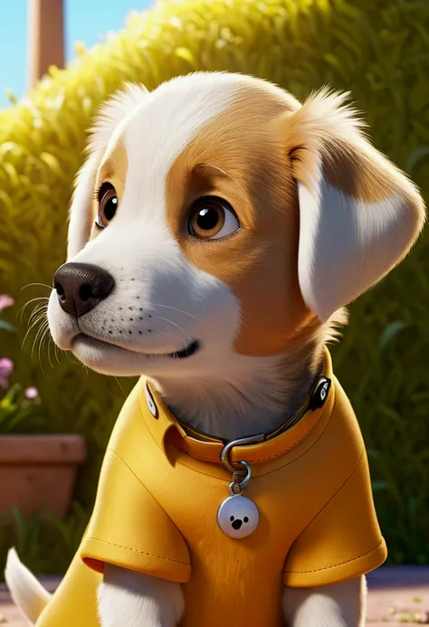 garoto glad cabelo castanho claro curto, skin fair, short sleeve orange shirt, olhando para o puppy all yellow ( no color white), puppy all yellow, looking at the boy, dog with all yellow fur ( the dog has no white hair), glad, disney pixar style, 3d, anim...