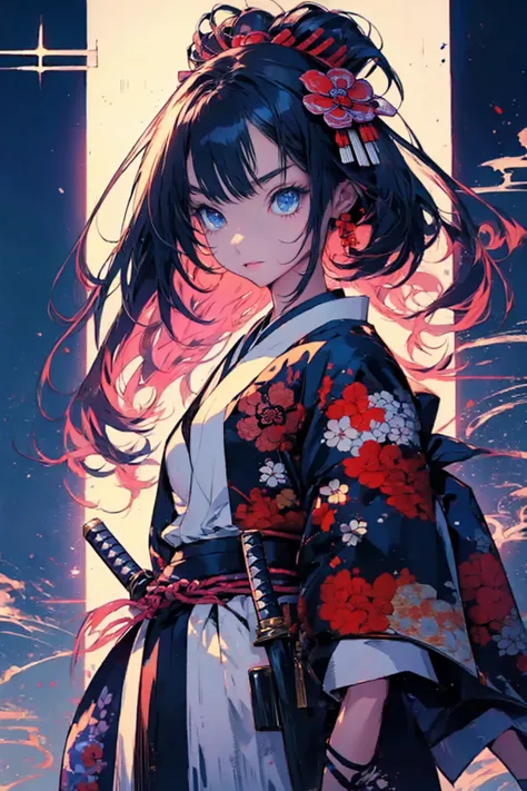 1girl,solo,cool,kimono,japanese style,samurai girl,holding katana,looking at viewer,fighting stance