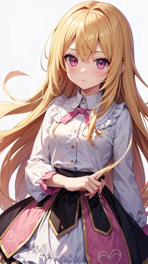 High resolution, Simple Background, Background blur, Anime Style, Round eyes, Character design drawings, Long Hair, Gaze, Blonde, Pink eyes, Backwards,Highest quality, 