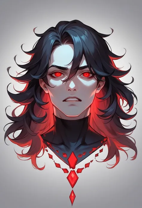 A boy with a dark and intense expression. he has dark hair, disheveled, that fall on the face. Your eyes glow an incandescent red, creating a striking contrast with the background. The background is predominantly red, giving a sense of danger and mystery. ...