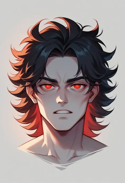 A boy with a dark and intense expression. he has dark hair, disheveled, that fall on the face. Your eyes glow an incandescent red, creating a striking contrast with the background. The background is predominantly red, giving a sense of danger and mystery. ...