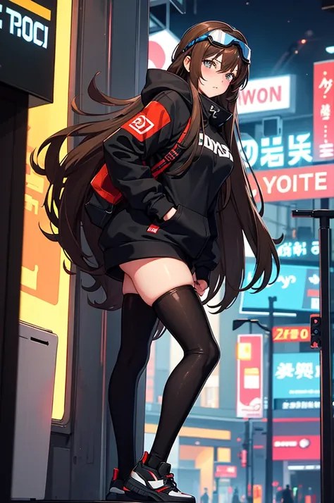 brown hair, tall, long hair, black hoodie, large breasts, black leggings, ski goggles perched on hair, cute, sexy, whore, slut, 18 years old, blushing, black tennis shoes, sexy legs, long legs, city, streets, big city, nighttime, neon, 