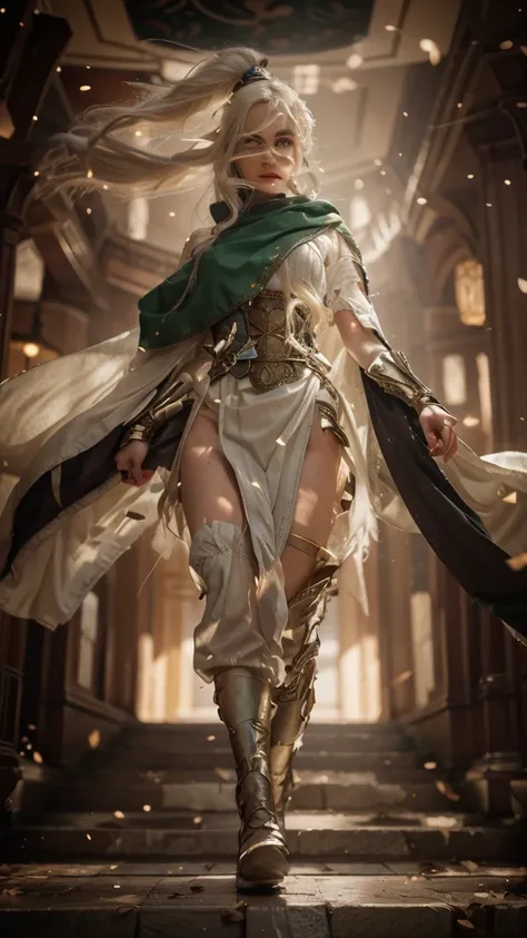 a beautiful woman with long white hair wearing a flowing cape, detailed facial features, emerald green eyes, full red lips, porcelain skin, elegant pose, medieval fantasy setting, ornate architecture, dramatic lighting, muted color palette, cinematic compo...