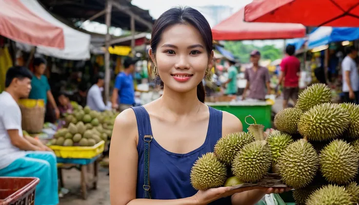 A Thai woman, about 25 years old, with a beautiful face, standing in the middle of a flea market. In his right hand he holds a bunch of longans. Left hand holding durian 