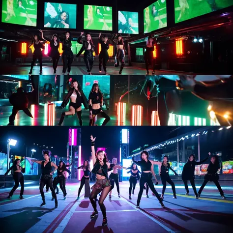 
   - **Setting:** A stylish rooftop with neon lights.
   - **Action:** The members are seen arriving individually, showcasing their unique styles. They greet each other with excitement, and as they come together, the beat drops for the chorus. 
   - **Dan...