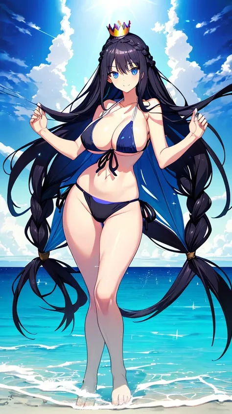 best quality, extremely detailed,anime style girl,long hair down to the waist, straight hair, ((dark black hair with bluish)),((crown braid)),beautiful detailed eyes, pinched eyes, (dark blue eyes),huge breasts,curvy,((((Mystical atmosphere  transparency s...