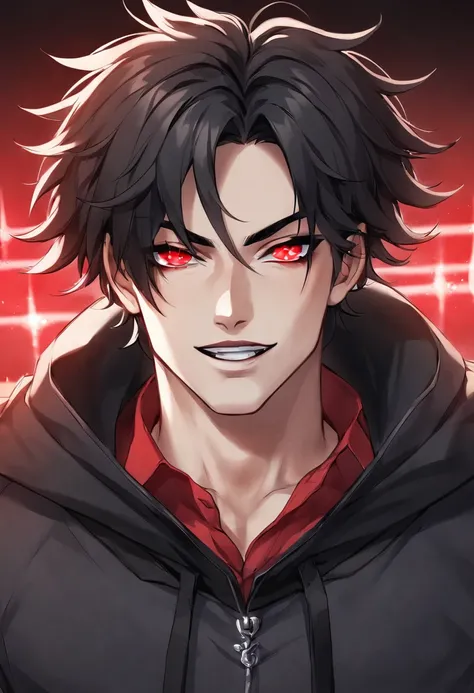 A boy with a dark and intense expression. he has dark hair, disheveled, that fall on the face. Your eyes glow an incandescent red, creating a striking contrast with the background. The background is predominantly red, giving a sense of danger and mystery. ...