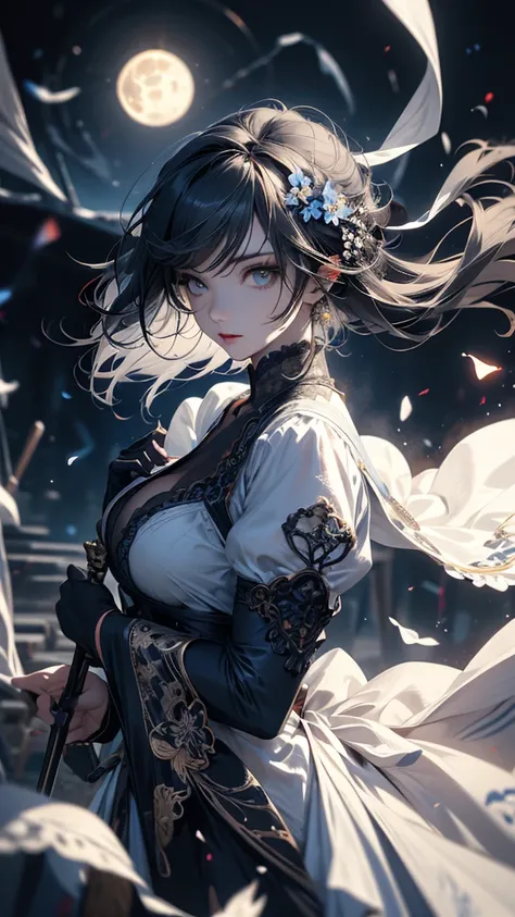 masterpiece, high quality, 4K, Beautiful design, silhouette，Gray Hair， 非常に詳細な夜のStarry Sky,Flower Field， wonderful, Finer details,  Very knowledgeable woman, Highly detailed solo, 1 female,Big Breasts，Gothic Lolita Fashion，Hold the fan in front of your ches...