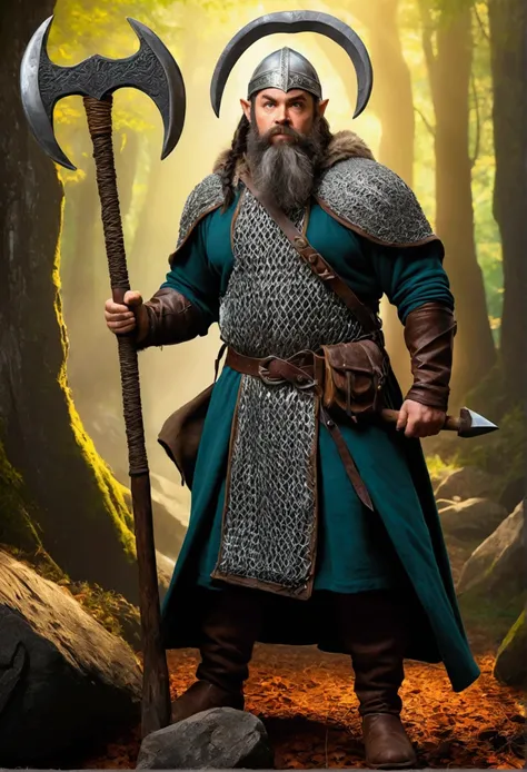 man, dwarf, short and muscular build, long dark braided hair and beard, coat of chainmail, helmet on head, fur cloak, mattock (pickaxe) in hand, merchant attire, Lord of the Rings artstyle, Gimil inspired, stoic expression, dramatic lighting, vibrant color...