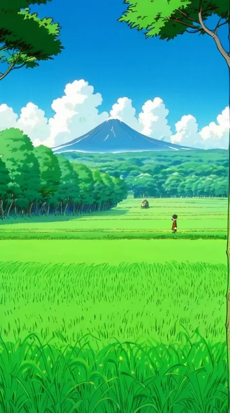 ghibli style, Hayao Miyazaki, Nature、Fantastic scenery、Wide grassland、Lots of trees々、There are no people