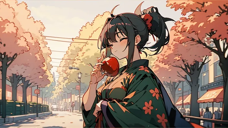 1female, dress in yukata, ponytail hair, black hair, closed eyes, smile, holding candy apple, festival, summer festival, night, simple street, trees, anime, manga, anime art, full body potrait