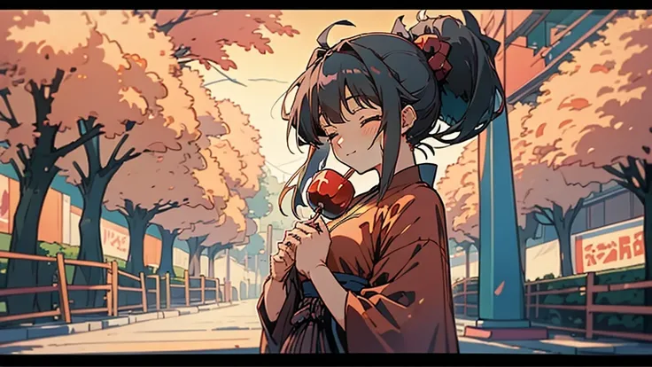 1female, dress in yukata, ponytail hair, black hair, closed eyes, smile, holding candy apple, festival, summer festival, night, simple street, trees, anime, manga, anime art, full body potrait