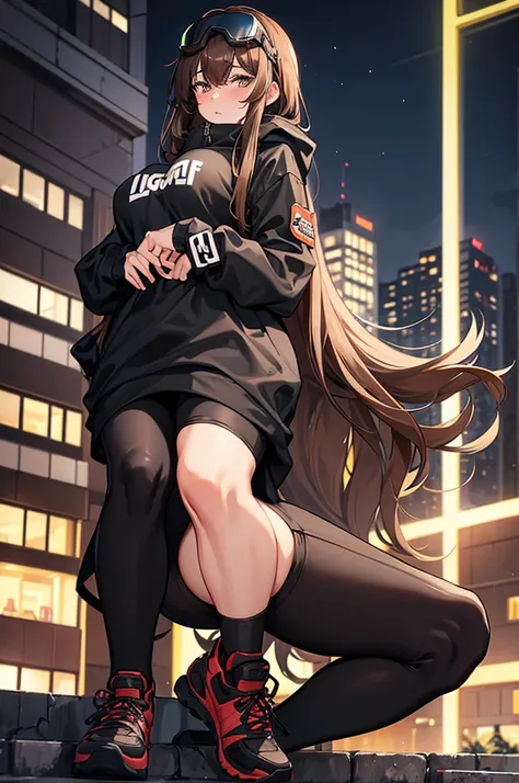 brown hair, tall, long hair, large black hoodie, large breasts, black leggings, vagina, ski goggles perched on hair, cute, sexy, whore, slut, 18 years old, blushing, black tennis shoes, sexy legs, long legs, city, streets, big city, nighttime, neon, alone,...