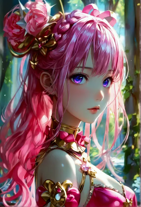 Create an anime-style girl with (((deep magenta eyes and long, wavy pink hair))) ((styled in an elegant frenchbraid)). (((She is slender, and with small breasts))). ((Ensure a full-body shot of her)) wearing a (((pink, gold, and rose gold color magical gir...