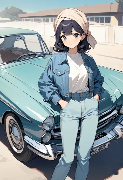 A 24-year-old Arab girl wearing a headscarf stands confidently next to a classic car, her hands tucked in her pockets. Shes wearing a blue denim jacket over a white T-shirt and light blue jeans, with white sneakers completing the look. The car behind him i...