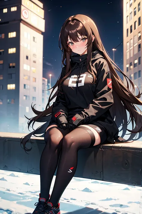 brown hair, tall, long hair, large black hoodie, large breasts, black leggings, vagina, ski goggles perched on hair, cute, sexy, whore, slut, 18 years old, blushing, black tennis shoes, sexy legs, long legs, city, streets, big city, nighttime, neon, alone,...