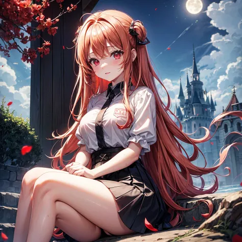 Red-blonde、Red eyes、One cute girl、solo、And soul、Light clothing、Checked mini skirt、petal、Wet hair、Sit on、black t-shirts、large tree、cloud、full moon、monster castle、lanthanum、Hell&#39;s Gate、Craft Gatekeeper、barefoot、Stones are piled up、Devil、Teeth are visible