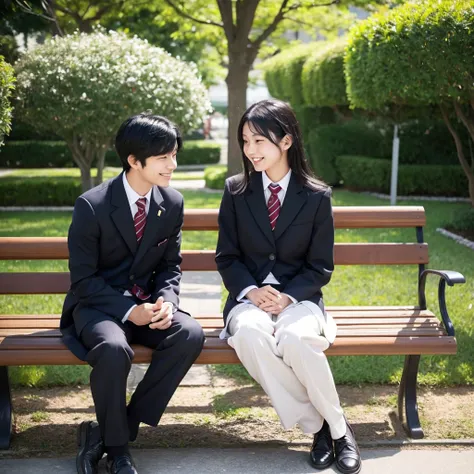 Japanese、men and women、Couple、Black Hair、2 people、A good friend、uniform、Date、16 years old、cute 、Handsome、garden、Sitting on a bench、smile