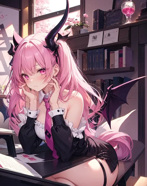 masterpiece, best quality, 1girl, laying totally on a school desk, untied necktie, bare shoulders,cute , shes a succubus, demon hearth tail, neko ears,2 demon wings,scenery,pink hair, sitted ,detailed sexy face, bare high ass, cat ears, cute expression, pi...