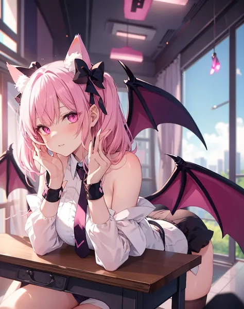 masterpiece, best quality, 1girl, laying totally on a school desk, untied necktie, bare shoulders,cute , shes a succubus, demon hearth tail, neko ears,2 demon wings,scenery,pink hair, sitted ,detailed sexy face, bare high ass, cat ears, cute expression, pi...