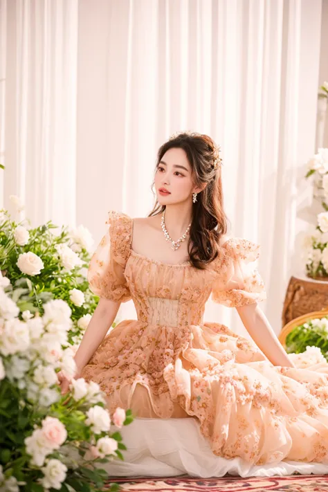 there is a woman sitting on a rug in a dress, wearing organza gown, lady with glowing flowers dress, rococo queen, rococo dress, ethereal fairytale, baroque dress, romantic gown, song hye - kyo, sha xi, floral dream, jia, inspired by Huang Ji, flower dress...