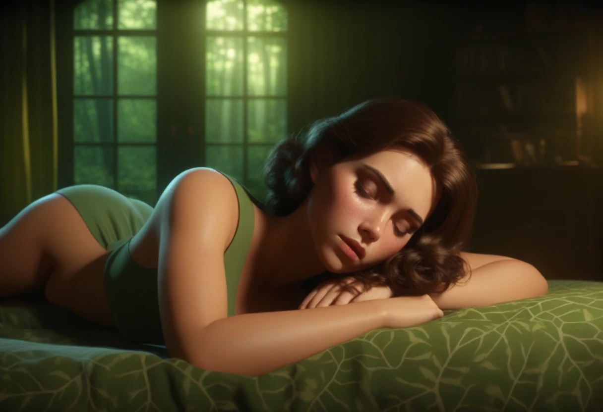 3D animation by Adam Hughes。Beautiful young woman with sleepy smoky eyes。 ,  
comfortable, Lying in a room with a view of the green forest , Dim Light, Rim Light, Dark Shadows, Dramatic lighting,