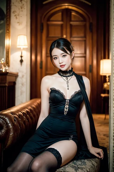 (Only one person), Pure Japanese young girl, wearing gothic style dress and accessories, stockings, high heels, vivid makeup and lips, thick eyebrows, formal black hair styles, sweet smile, sitting in antique gothic style interior, summer midnight, decaden...