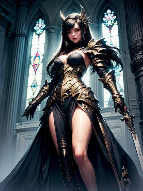 (((masterpiece, best quality, 16k)))A breathtaking artwork of a female character of unimaginable beauty, set in a dark and opulent environment. The full-body view reveals an impressive figure, exuding an aura of power and mystery. She wears black and gold ...