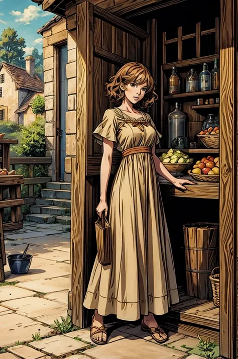 1girl,(anime coloring:1.2), best quality, looking at viewer, short wavy hair, chestnut hair, feminine,(solid Maxi dress), (Light brown color Short sleeve Maxi dress:1.3),Medieval Europe,Ancient Village,Vegetable stall,((Fantasy))