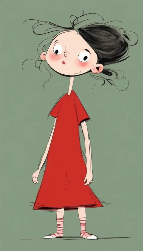 (((Exaggerated digital character sketches:1.37))).(Little girl in the garden，Red Dress)，(Black sketch lines，Loose brushstrokes create the outline，Cartoon Style. Bright colors and simplified lines, sketch)。(Exaggerated body movements),