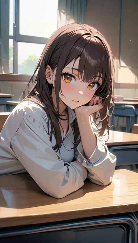 modern, Verism, masterpiece, textured skin, super detail, best quality, 4K , A beautiful woman ,short bobbed dark brown hair , she is resting her chin on her hand, looking at the camera,  The setting is inside a high school classroom during the day.