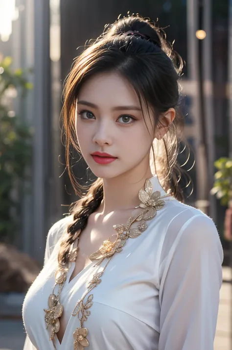 1 beautiful girl in Hanfu costume, ((black thin purple silk shirt with a lot of texture)), white lace top, long purple platinum ponytail Hair, Jewelry, ear jewelry, necklaces and necklaces, carefully drawn big purple eyes, makeup careful, thin eyebrows, hi...